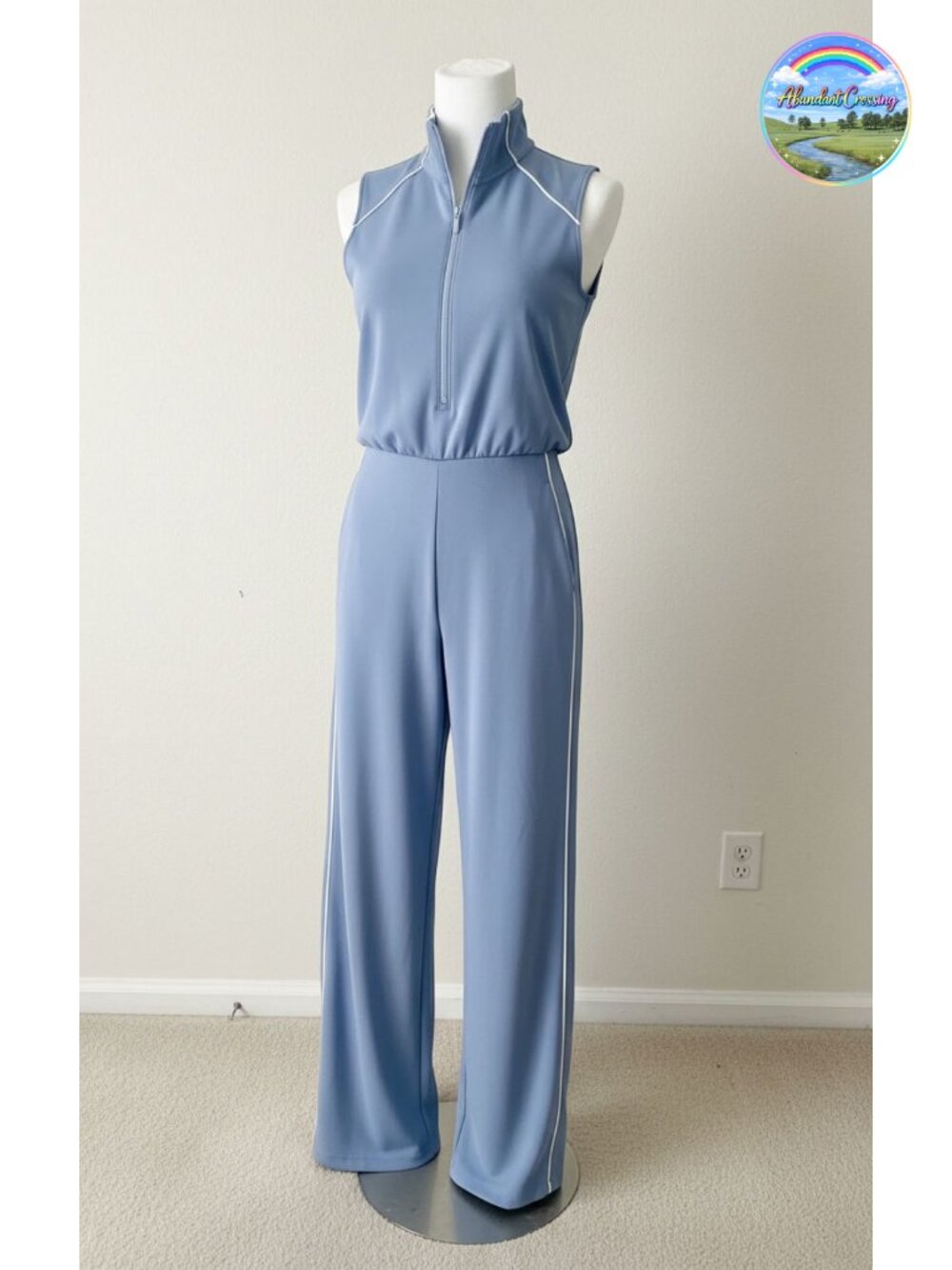 Sleeveless Mock Neck Wide Leg Jumpsuit with Pockets Relaxed Fit Cotton Blend
